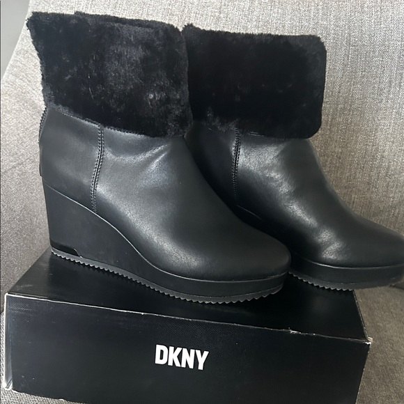 DKNY Black Faux Fur Wedge Boots - Picture 1 of 1